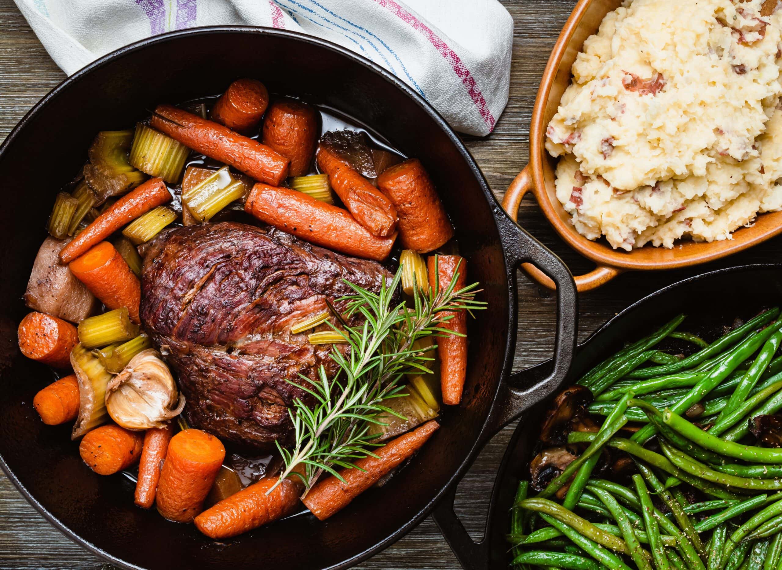 Chef-prepared pot roast with carrots, celery and green beans